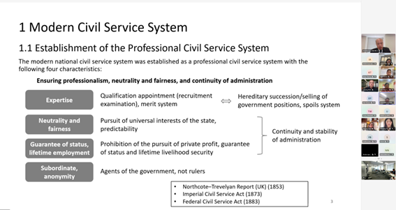 吉田理事長の講義の様子。日本の公務員制度の特徴や運用面での工夫について、各国人事評価制度との比較を通じて説明しました。